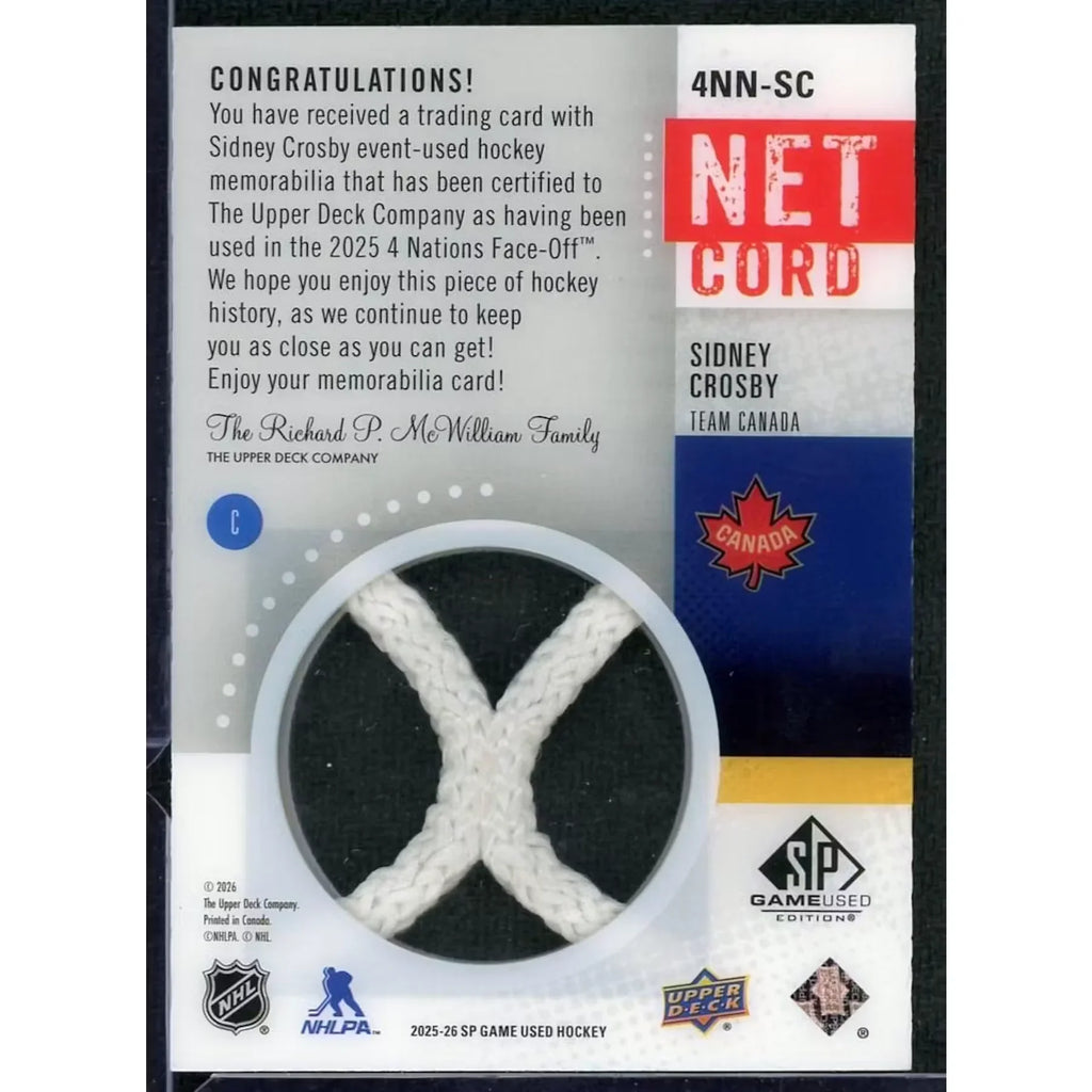 Sidney Crosby Signed 4 Nations Net Cord Card | 2025-26 Upper Deck SP Game Used