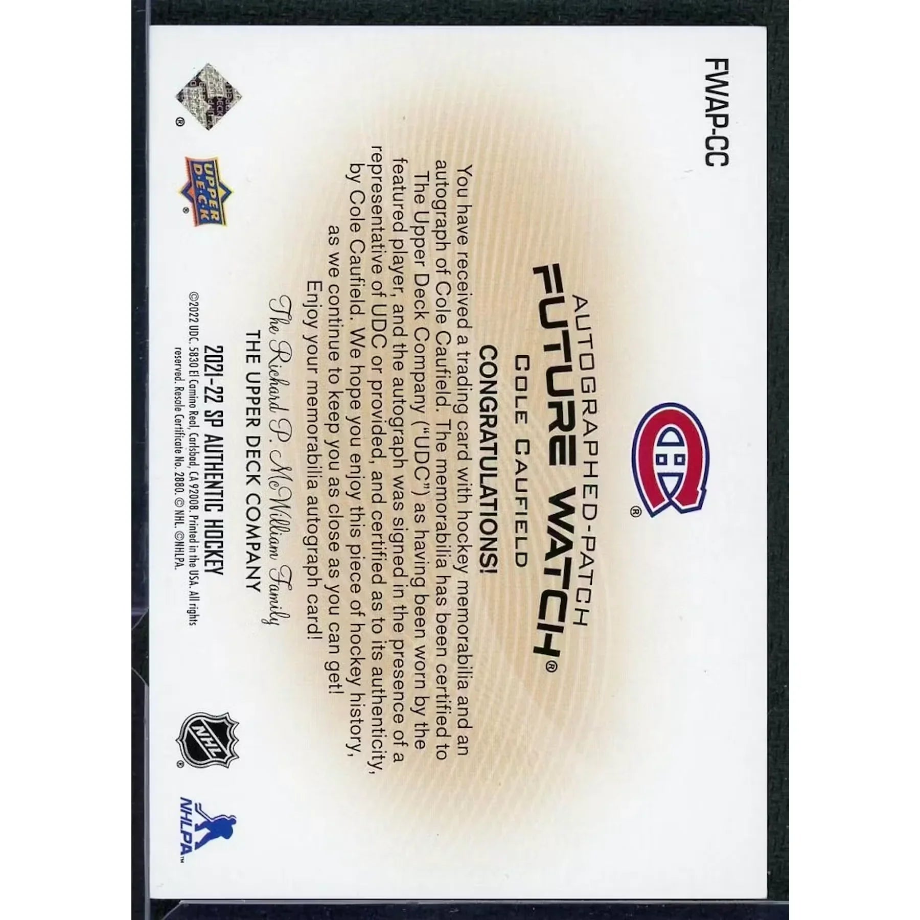 Cole Caufield Signed 2021-22 SP Authentic Future Watch Patch Card |/100