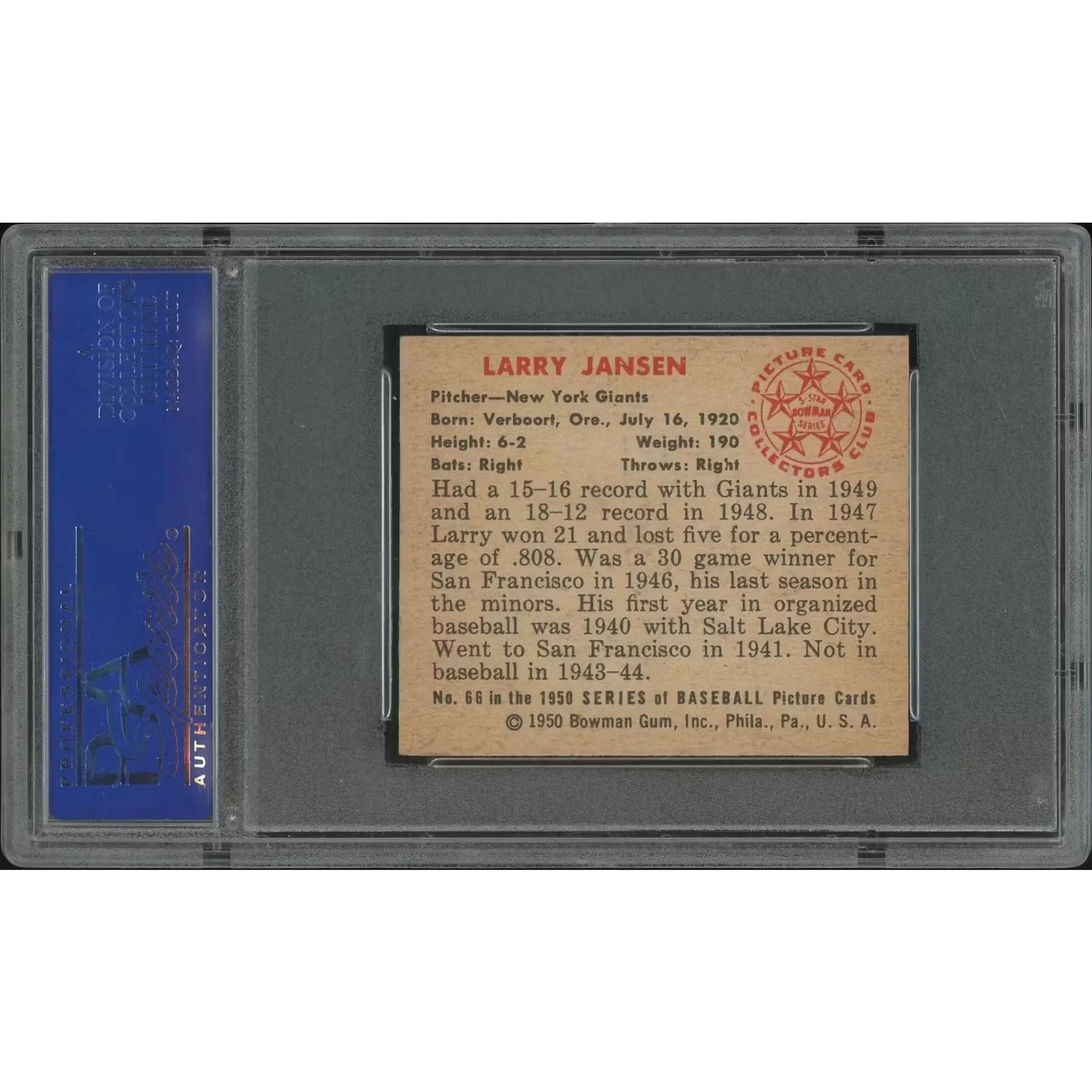 Larry Jansen 1950 Bowman Baseball Card #66 | PSA 7 NM