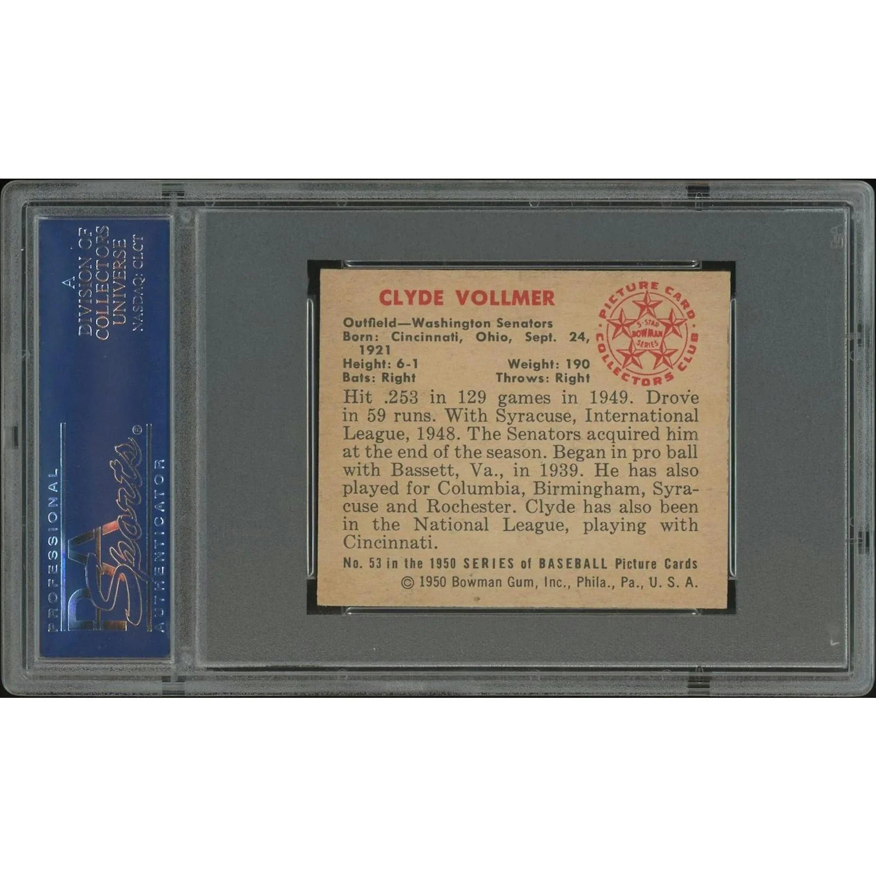 Clyde Vollmer 1950 Bowman Baseball Card #53 Rookie | PSA 7 NM