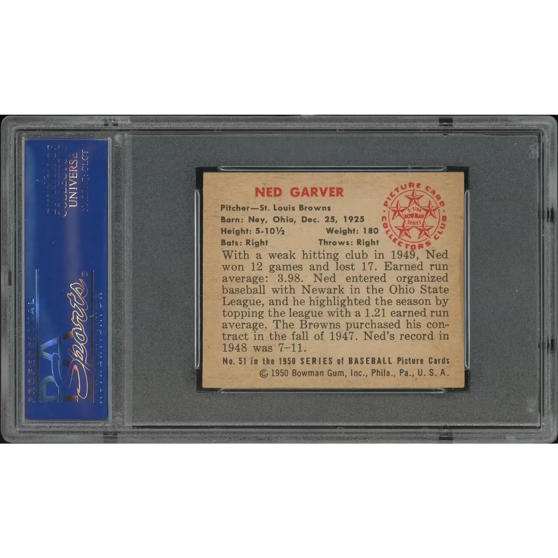 1950 Bowman Baseball Ned Garver #51 | PSA 7 NM