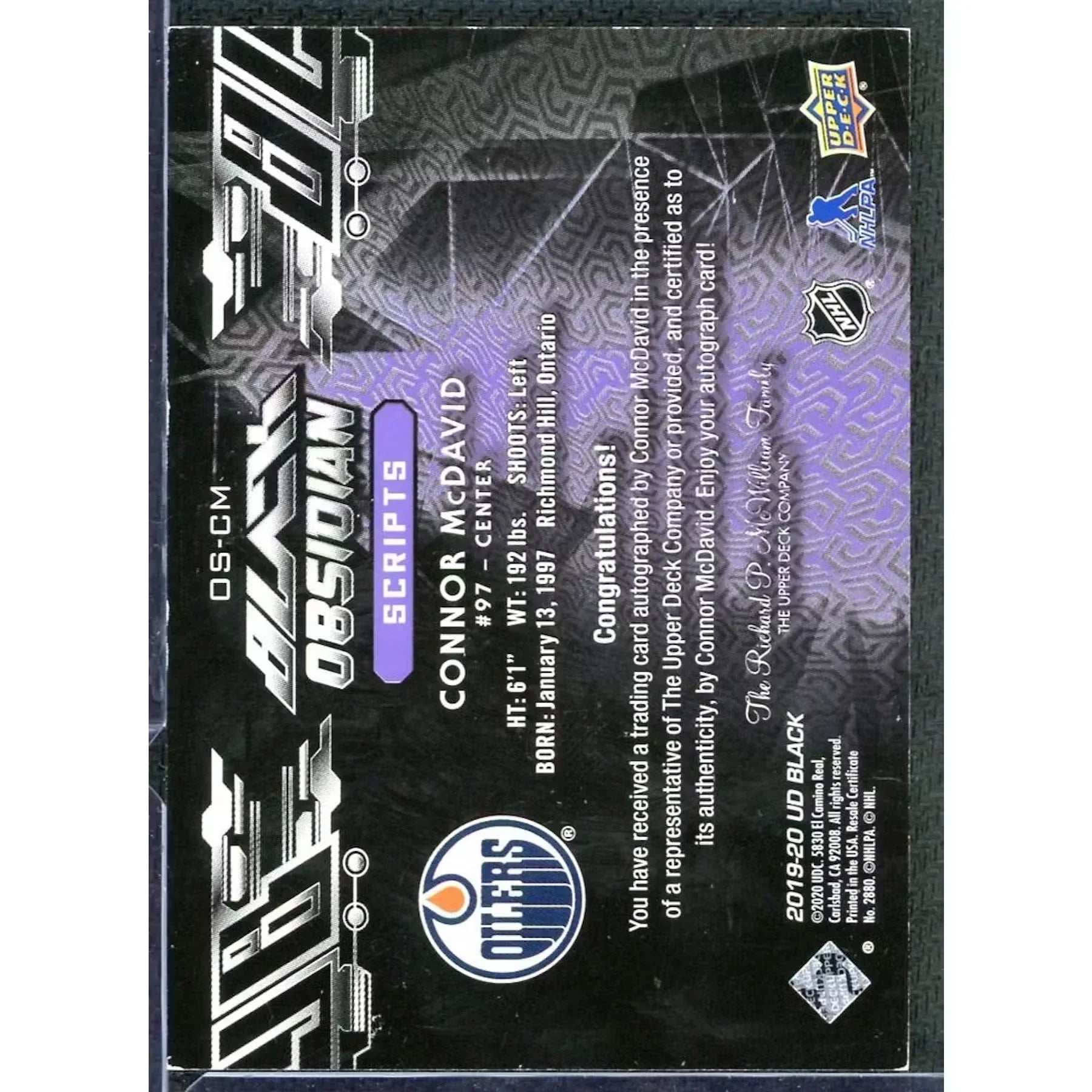 Connor McDavid Signed 2019-20 Upper Deck SPx Obsidian Card | Purple/10