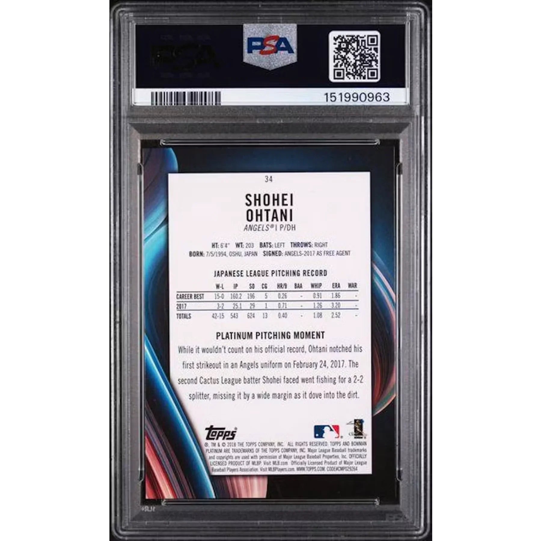 Shohei Ohtani 2018 Bowman Platinum Rookie Card #34 | PSA 9