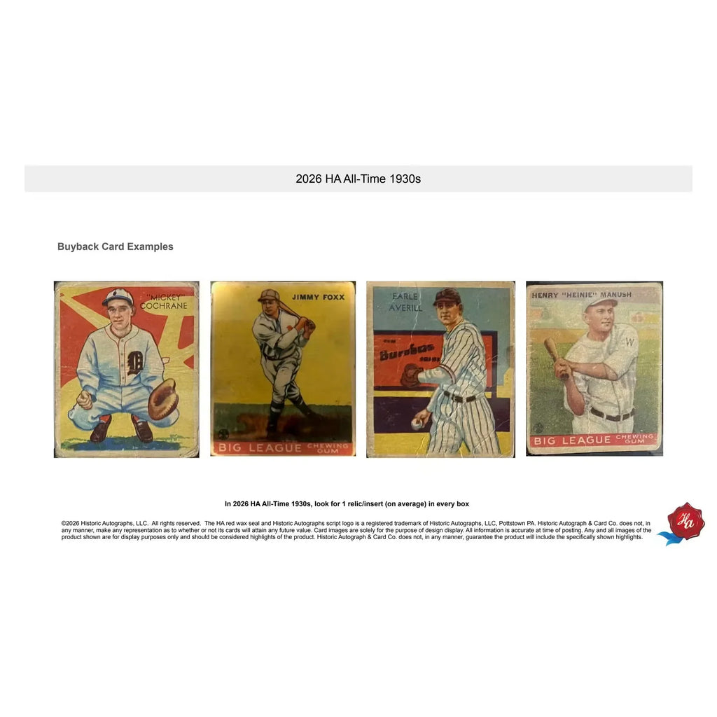 2026 Historic Autographs All-Time 1930s Baseball Hobby Box | Presell (Ships Sealed Only)