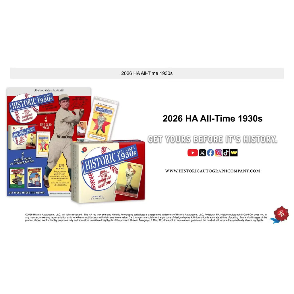 2026 Historic Autographs All-Time 1930s Baseball Hobby Box | Presell (Ships Sealed Only)