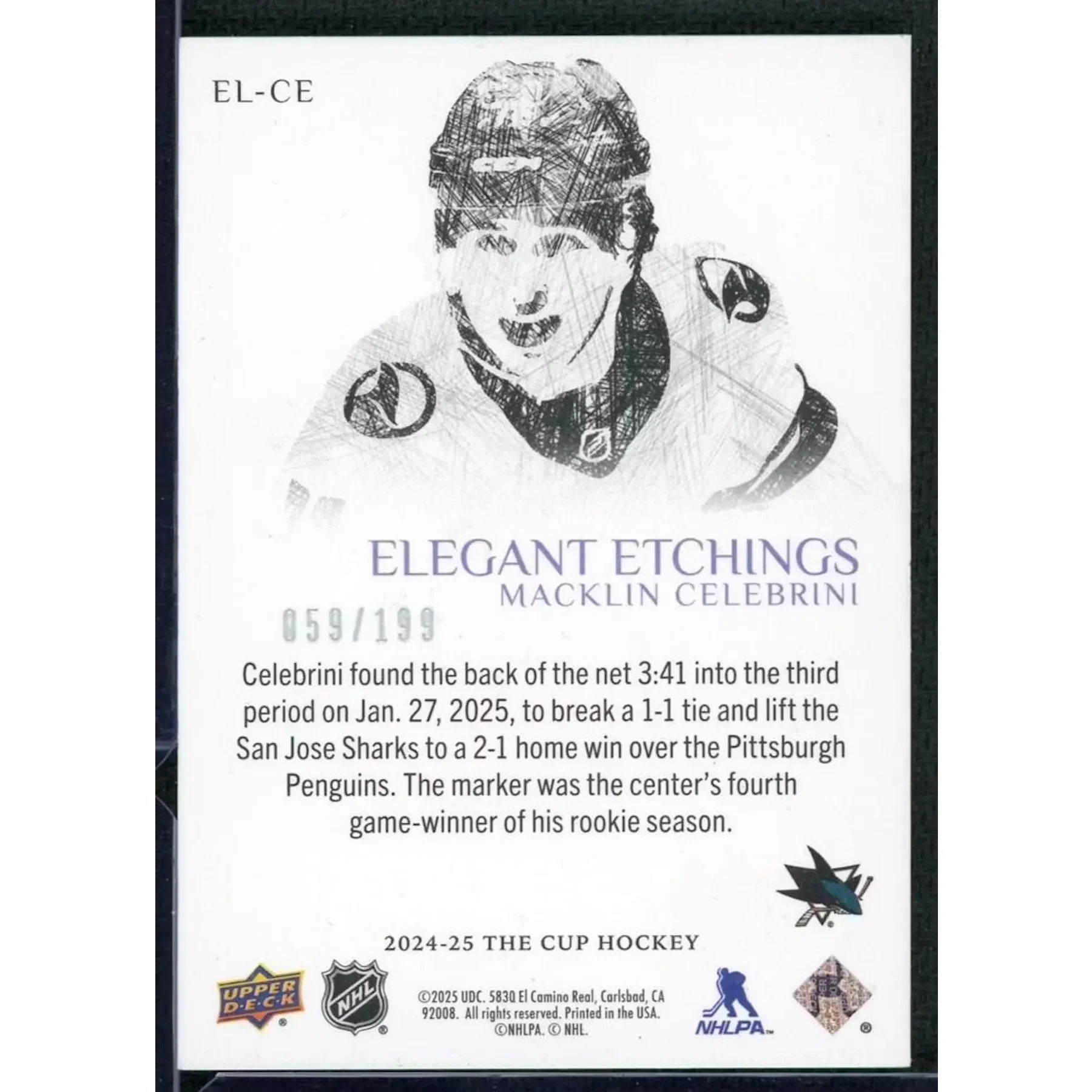 Macklin Celebrini 2024-25 Upper Deck Elegant Etchings Rookie Card |/199