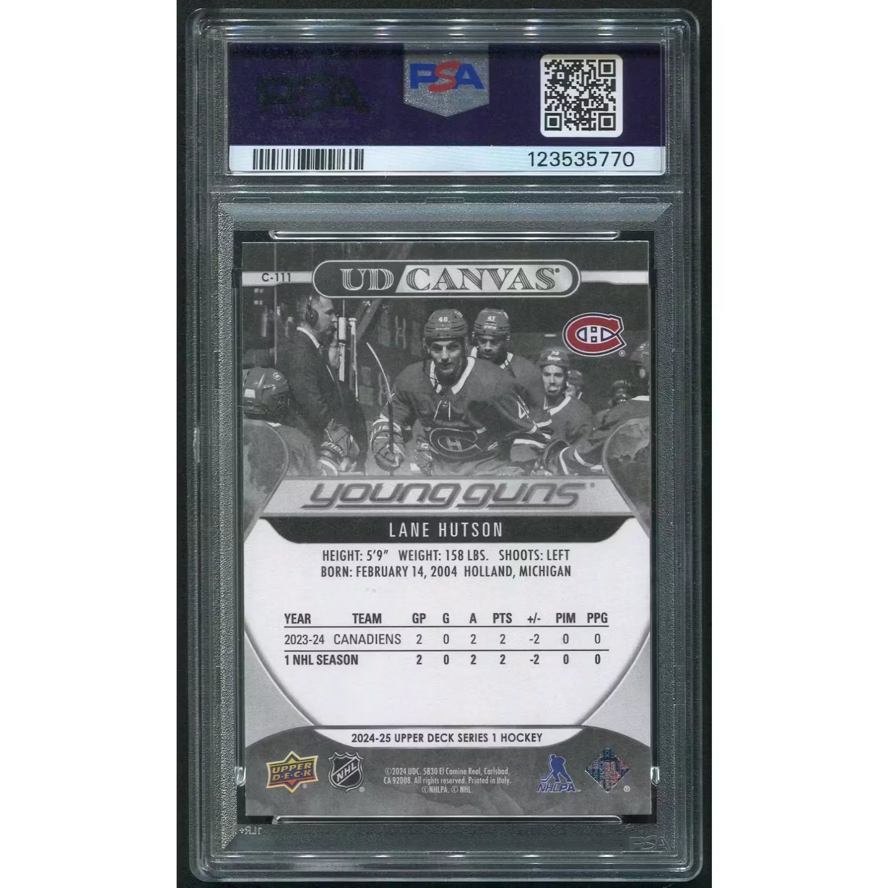 Lane Hutson 2024-25 Upper Deck Young Guns Rookie | PSA 9 #C111