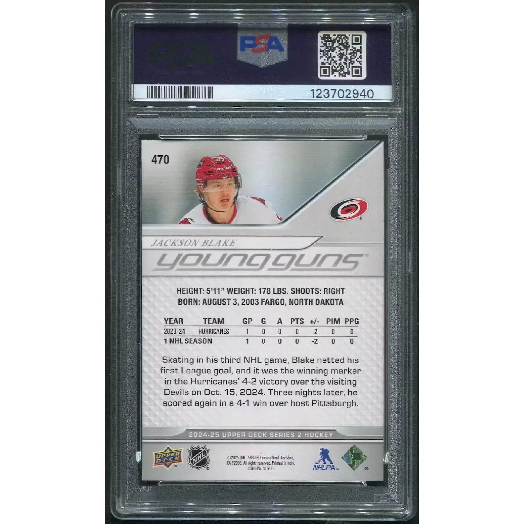 Jackson Blake 2024-25 Upper Deck Young Guns Rookie | PSA 9 Mint #470