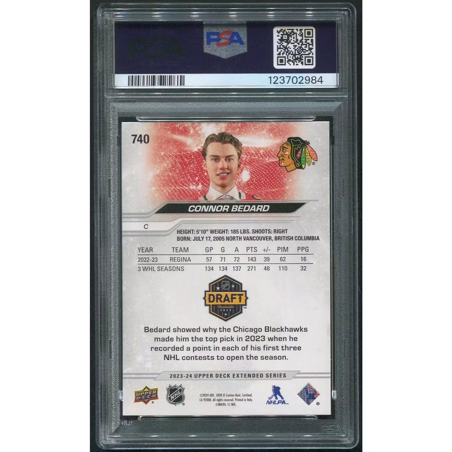Connor Bedard 2023-24 Upper Deck Hockey #740 Rookie Card | PSA 9 Mint