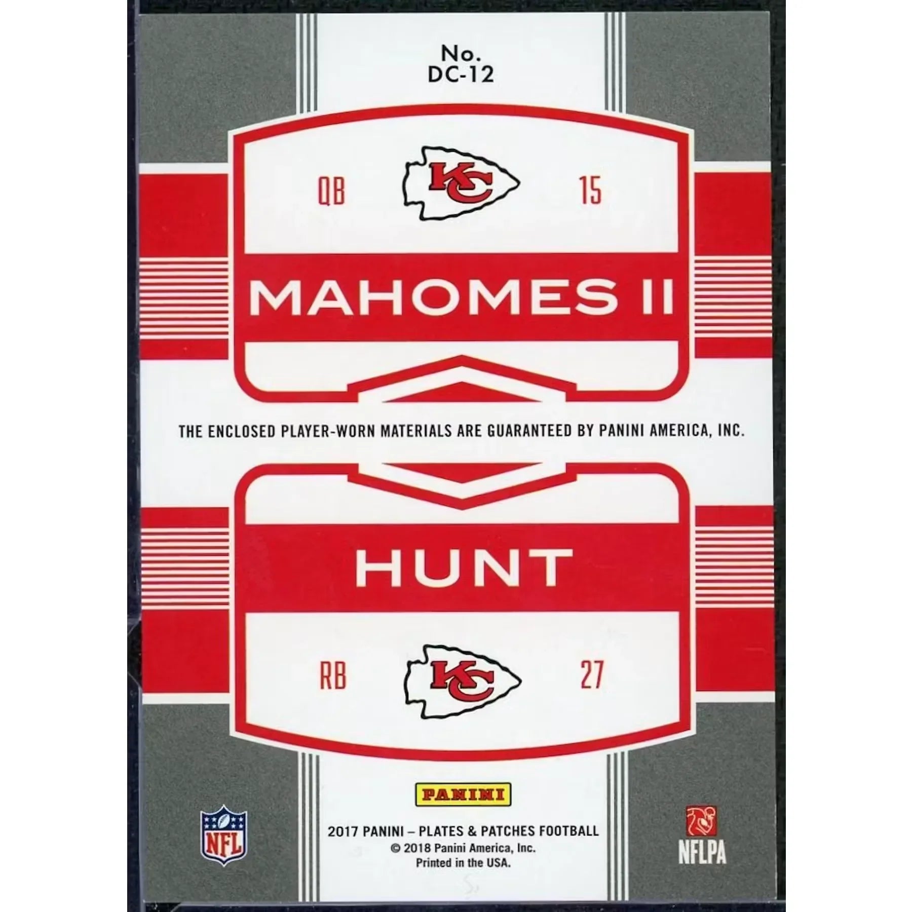Patrick Mahomes & Kareem Hunt Dual Rookie Patch Card | 2017 Panini Plates & Patches/25