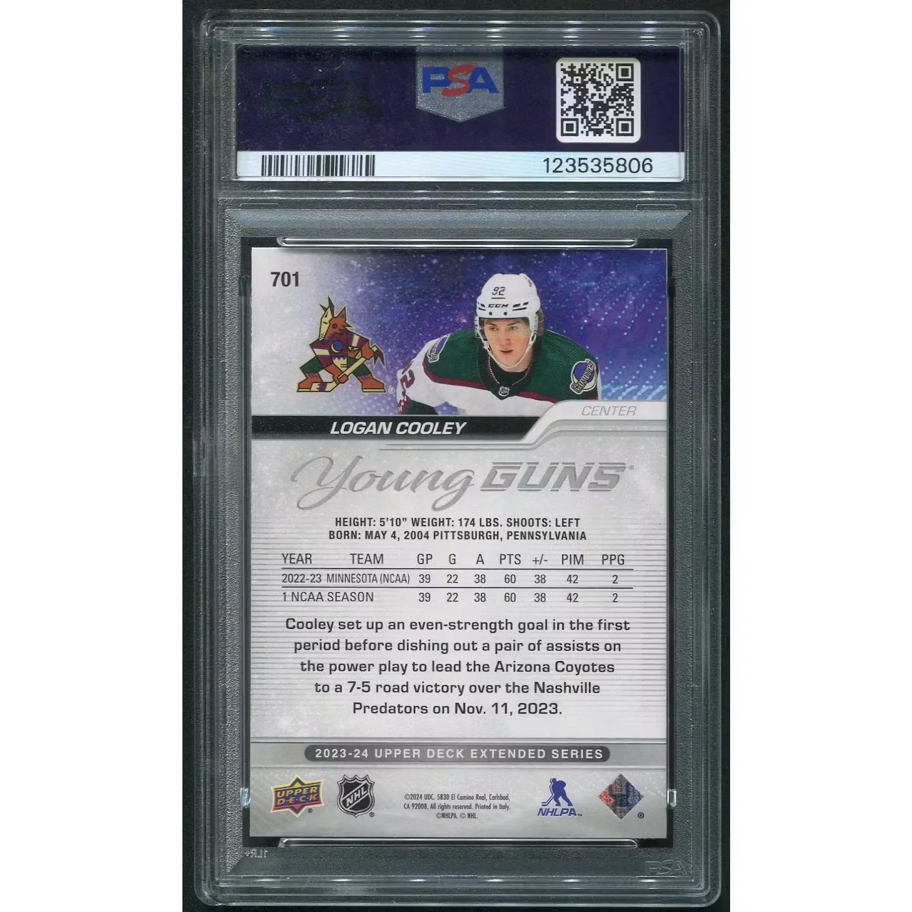 Logan Cooley 2023-24 Upper Deck Young Guns Rookie #701 Card | PSA 9
