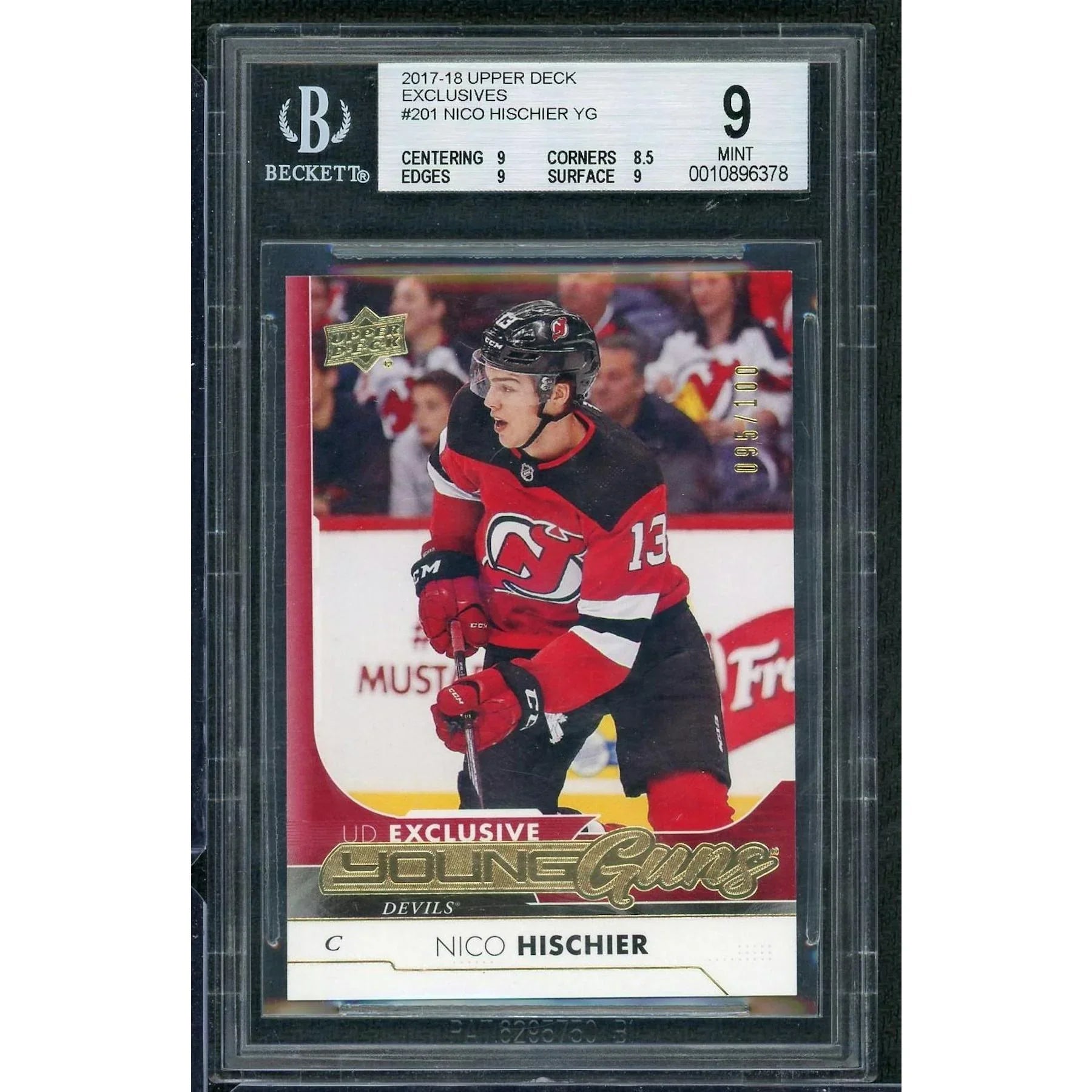 2017-18 Upper Deck Series 1 Nico Hischier Young Guns Exclusives/100 #201 BGS 9