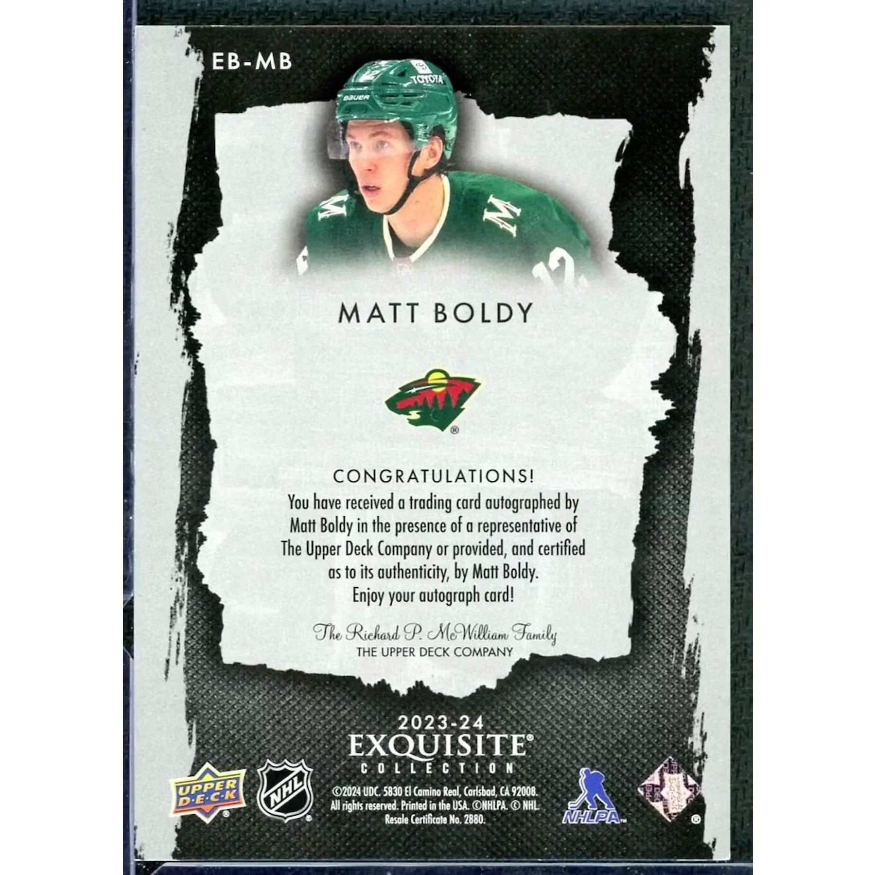 Matt Boldy Signed 2023-24 Upper Deck Exquisite Gold Card |/5