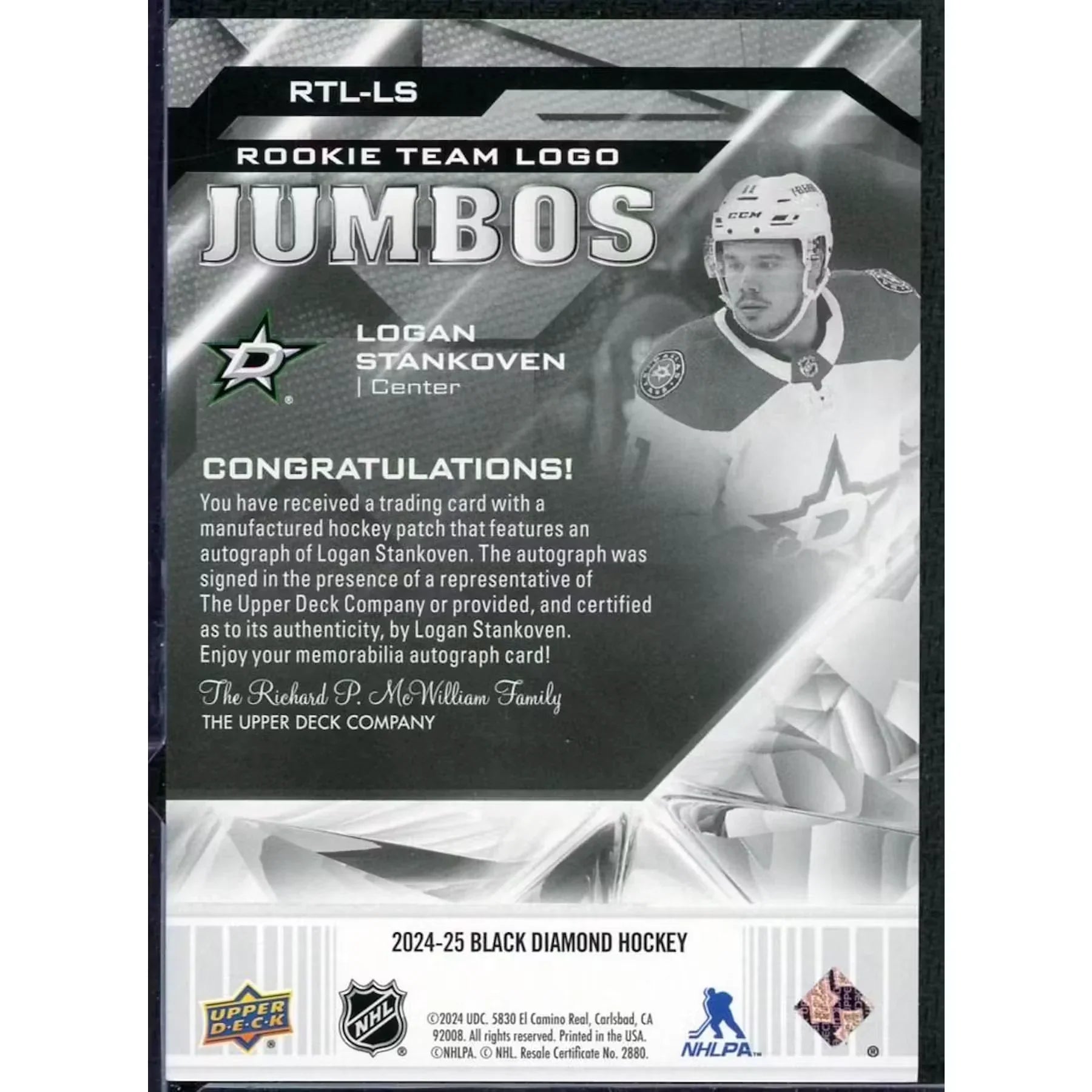 2024-25 UD Black Diamond Logan Stankoven Rookie Team Logo Jumbos Auto/10