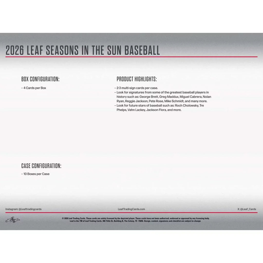 2026 Leaf Seasons in the Sun Baseball Hobby Box | Presell (Ships Sealed Only)