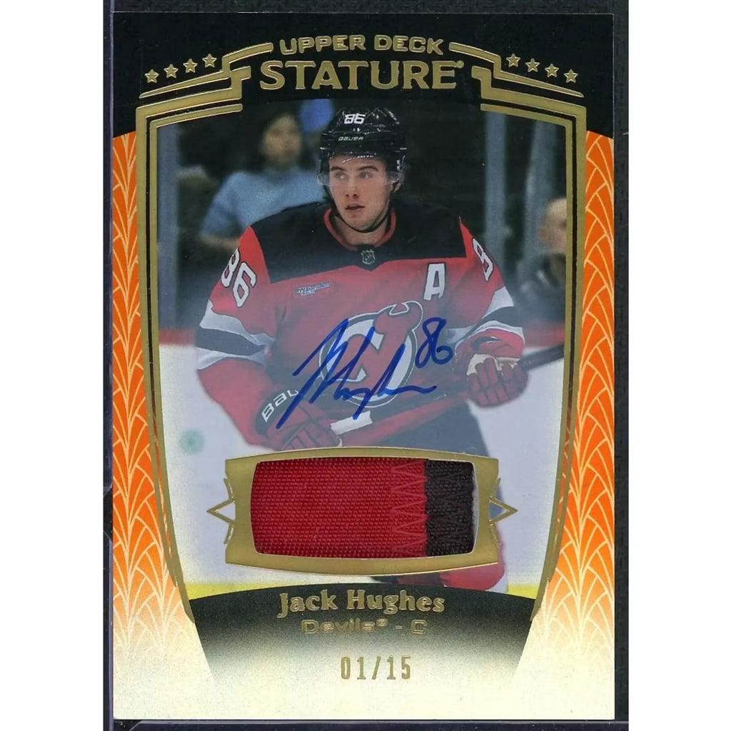 Jack Hughes Signed Premium Patch Auto Card | 2024-25 Upper Deck Stature Orange/15