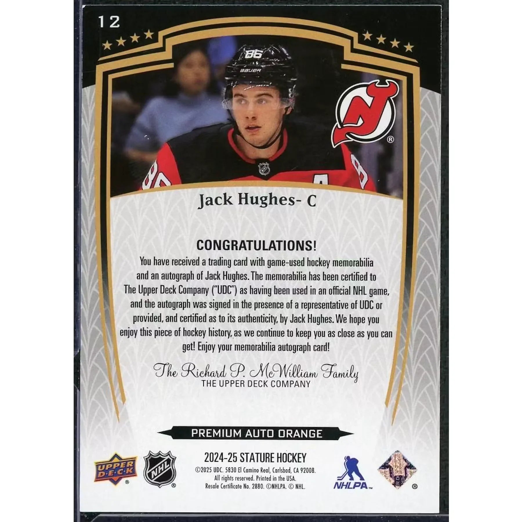 Jack Hughes Signed Premium Patch Auto Card | 2024-25 Upper Deck Stature Orange/15