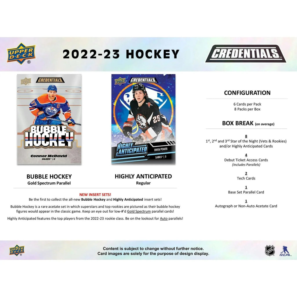 2022 23 Upper Deck Credentials Hockey Hobby Box (Ships Sealed Only) - D