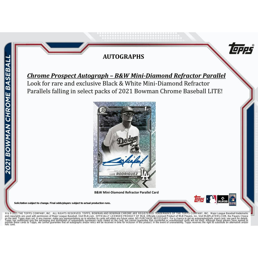 2021 Bowman Chrome Baseball Lite Hobby Box Black White Mini Diamond Parallels (Ships Sealed Only)