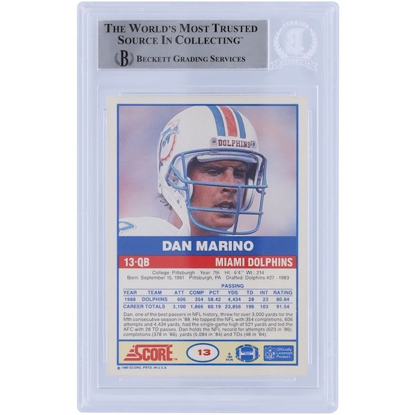 Dan Marino Miami Dolphins Autographed 1989 Score #13 Beckett Fanatics Witnessed Authenticated Card