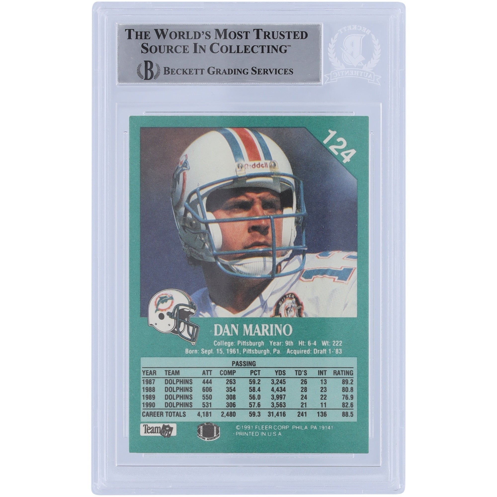 Dan Marino Miami Dolphins Autographed 1991 Fleer #124 Beckett Fanatics Witnessed Authenticated Card