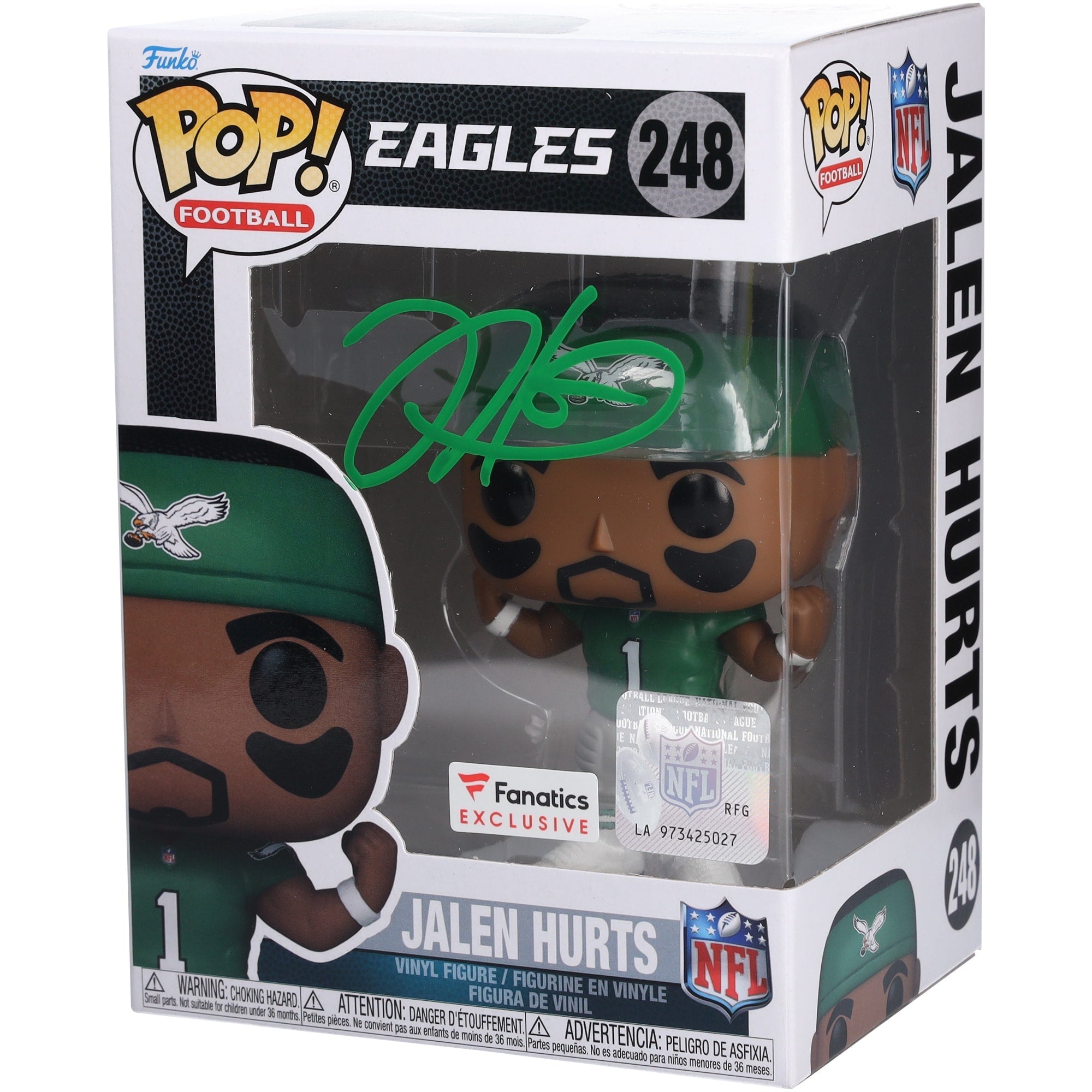 Jalen Hurts Philadelphia Eagles Autographed Fanatics Authentic Throwback Kelly Green Funko Pop! Vinyl Figurine