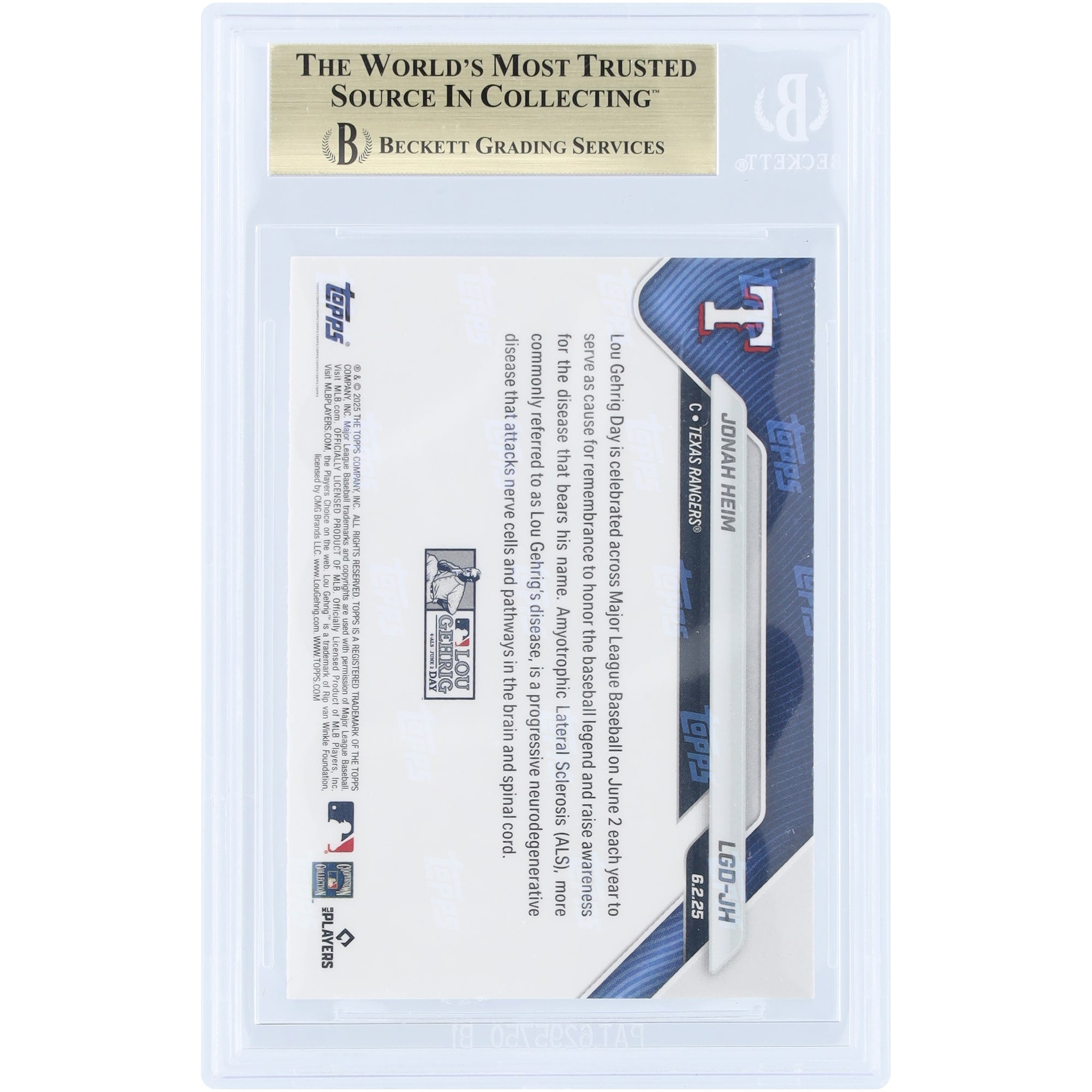 Jonah Heim Texas Rangers 2025 Topps Now Lou Gehrig Day #LGD-JH BGS Authenticated 9.5 Card