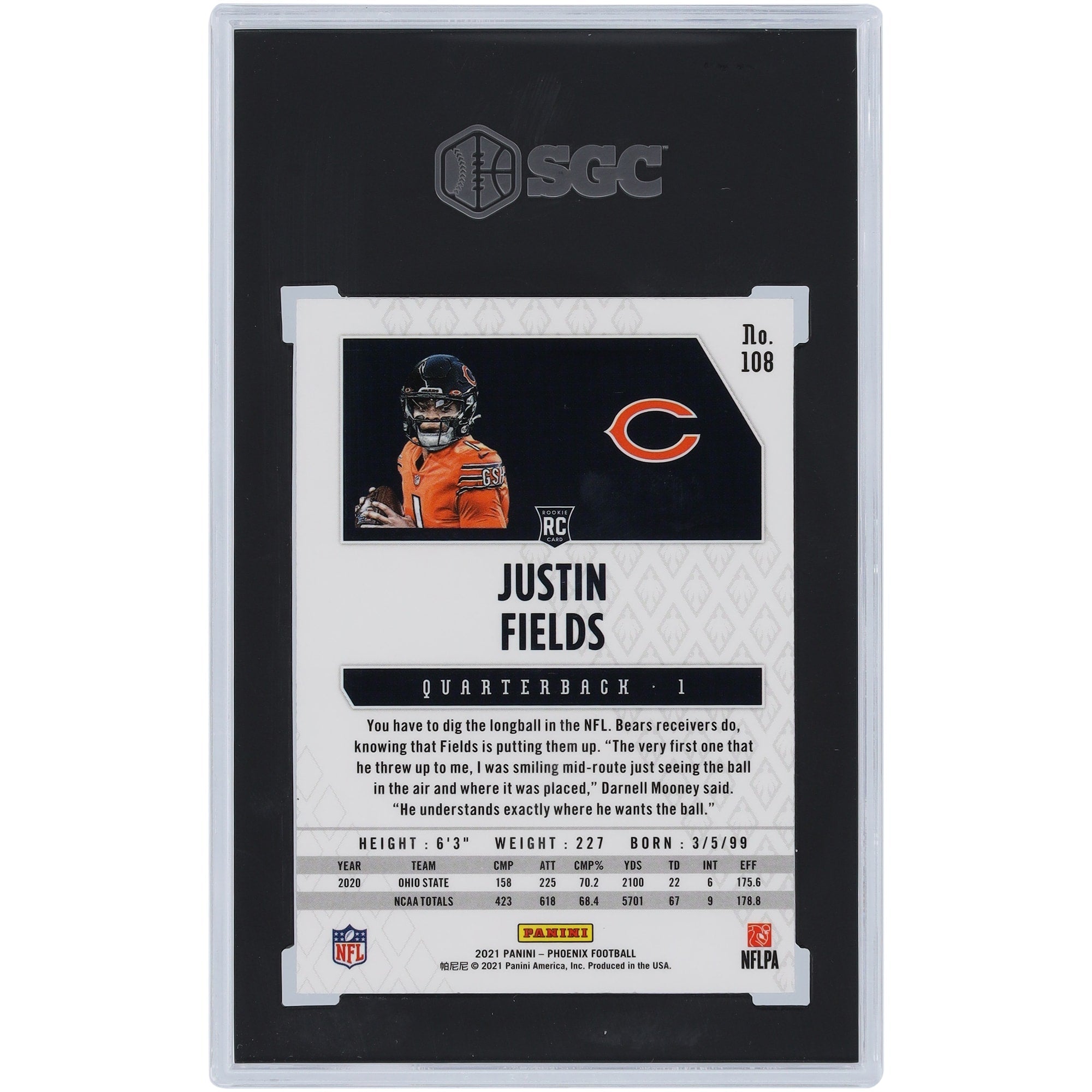 Justin Fields Chicago Bears 2021 Panini Phoenix Fire Burst #108 SGC Authenticated 9.5 Rookie Card