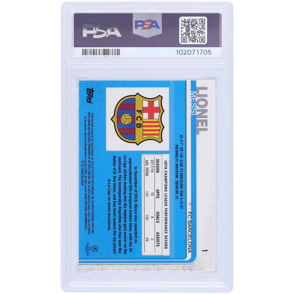 Lionel Messi Barcelona Autographed 2018 Topps Chrome UCL Running #1 PSA Authenticated 9/10 Card