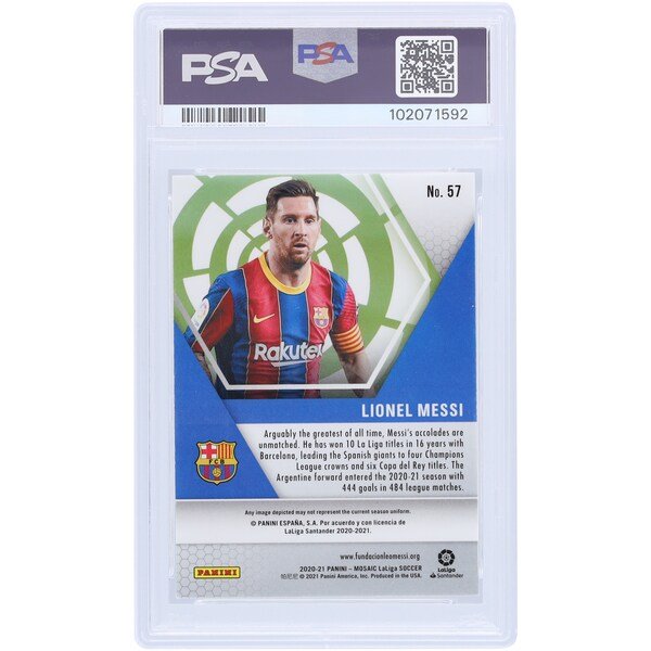 Lionel Messi Barcelona Autographed 2020-21 Panini Mosaic La Liga #57 PSA Authenticated 9/10 Card