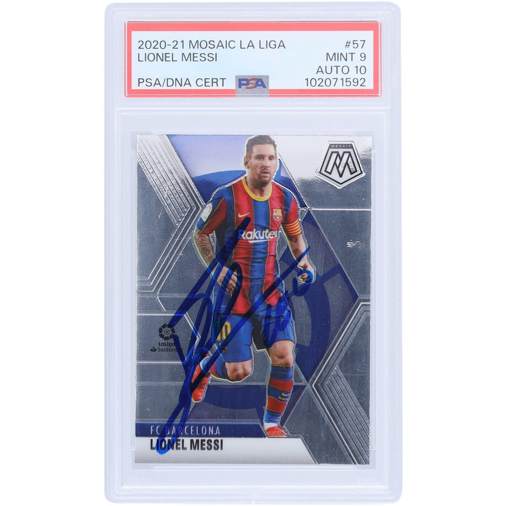 Lionel Messi Barcelona Autographed 2020-21 Panini Mosaic La Liga #57 PSA Authenticated 9/10 Card