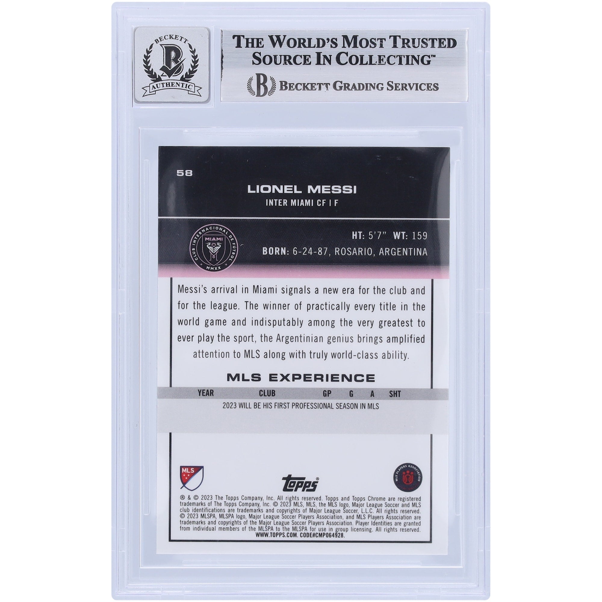 Lionel Messi Inter Miami CF Autographed 2023 Topps Chrome MLS #58 BAS Authenticated 9/10 Card