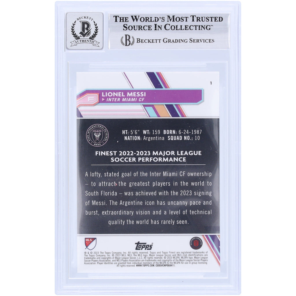 Lionel Messi Inter Miami CF Autographed 2023 Topps Finest MLS #1 BAS Authenticated 9/10 Card
