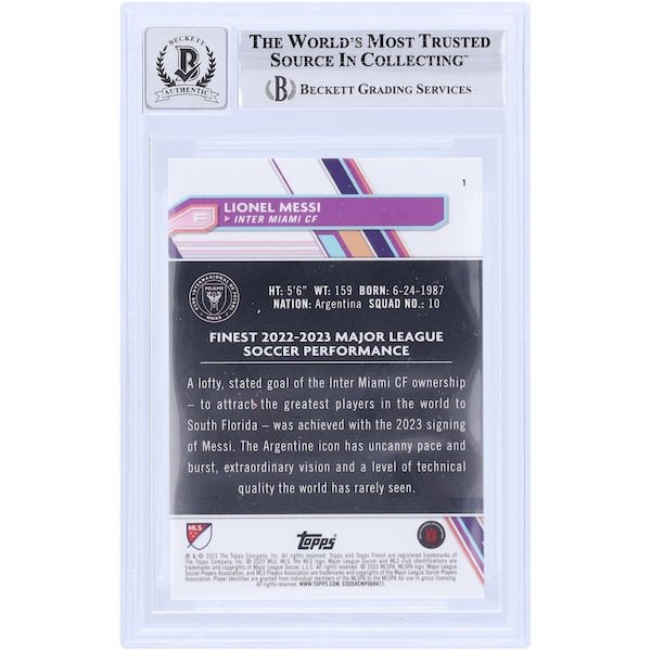 Lionel Messi Inter Miami CF Autographed 2023 Topps Finest MLS #1 BAS Authenticated 9/10 Card