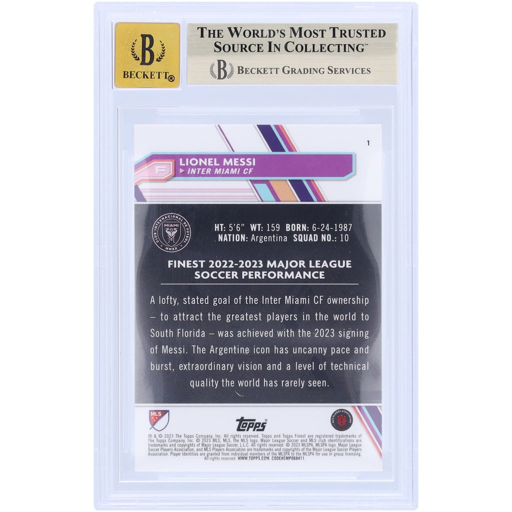 Lionel Messi Inter Miami CF Autographed 2023 Topps Finest MLS #1 BAS Authenticated 9.5/10 Card
