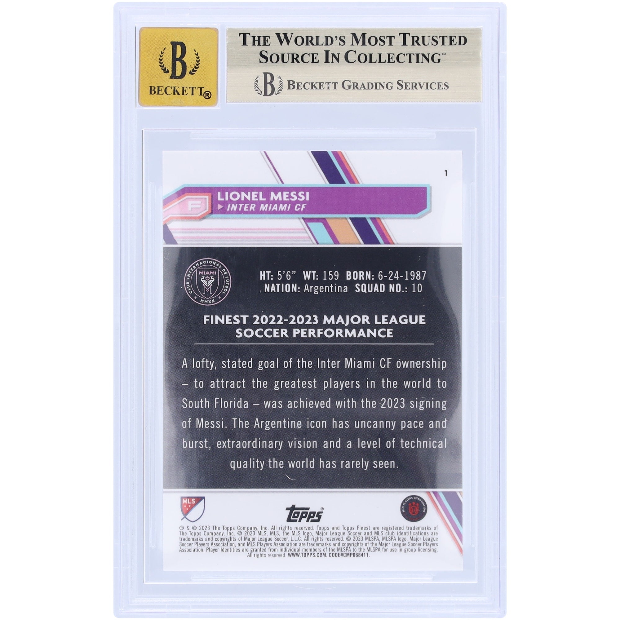 Lionel Messi Inter Miami CF Autographed 2023 Topps Finest MLS #1 BAS Authenticated 9.5/10 Card