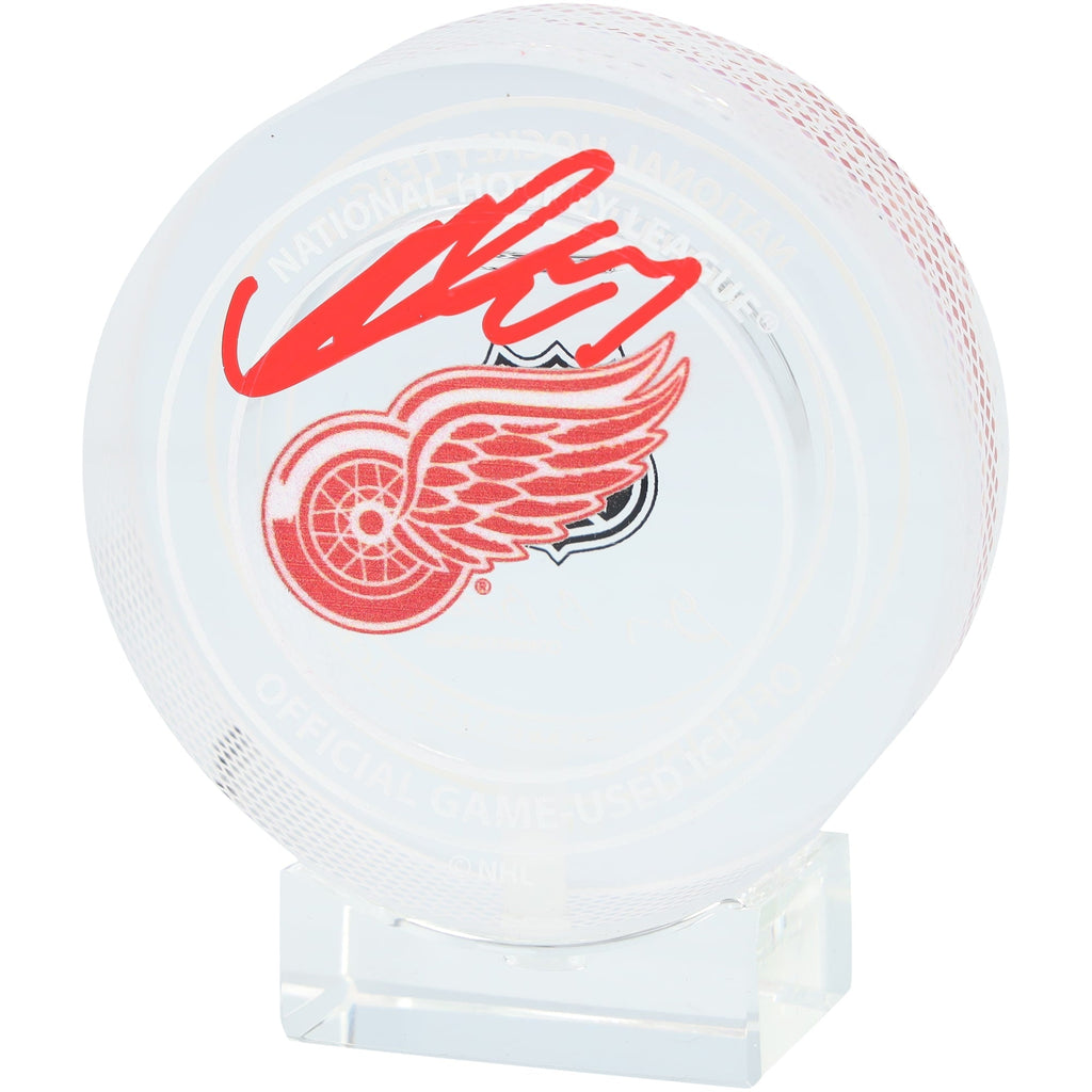 Lucas Raymond Detroit Red Wings Autographed Fanatics Authentic Crystal Puck - Filled with Ice from the 2024-25 Season