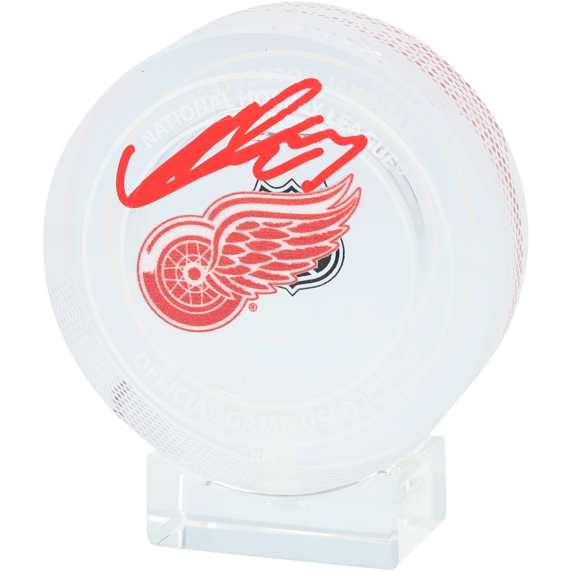 Lucas Raymond Detroit Red Wings Autographed Fanatics Authentic Crystal Puck - Filled with Ice from the 2024-25 Season