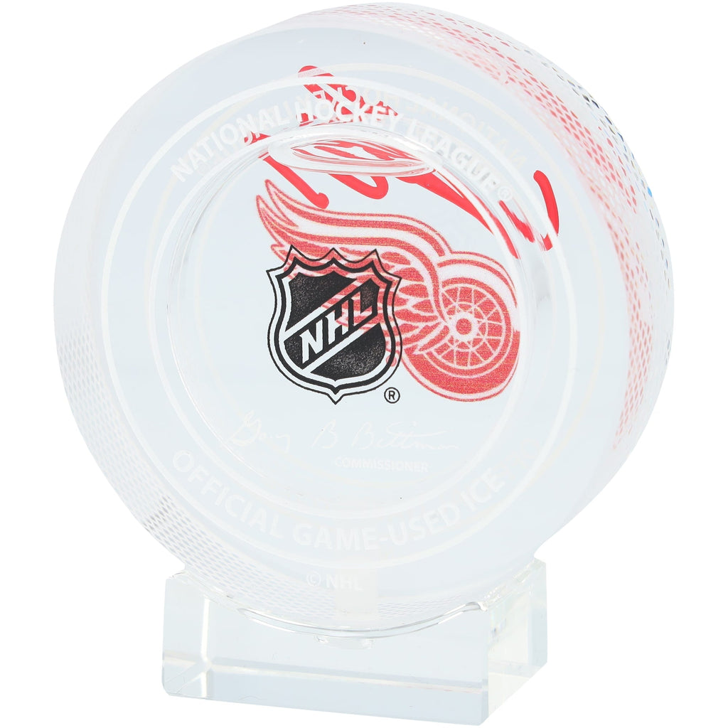 Lucas Raymond Detroit Red Wings Autographed Fanatics Authentic Crystal Puck - Filled with Ice from the 2024-25 Season