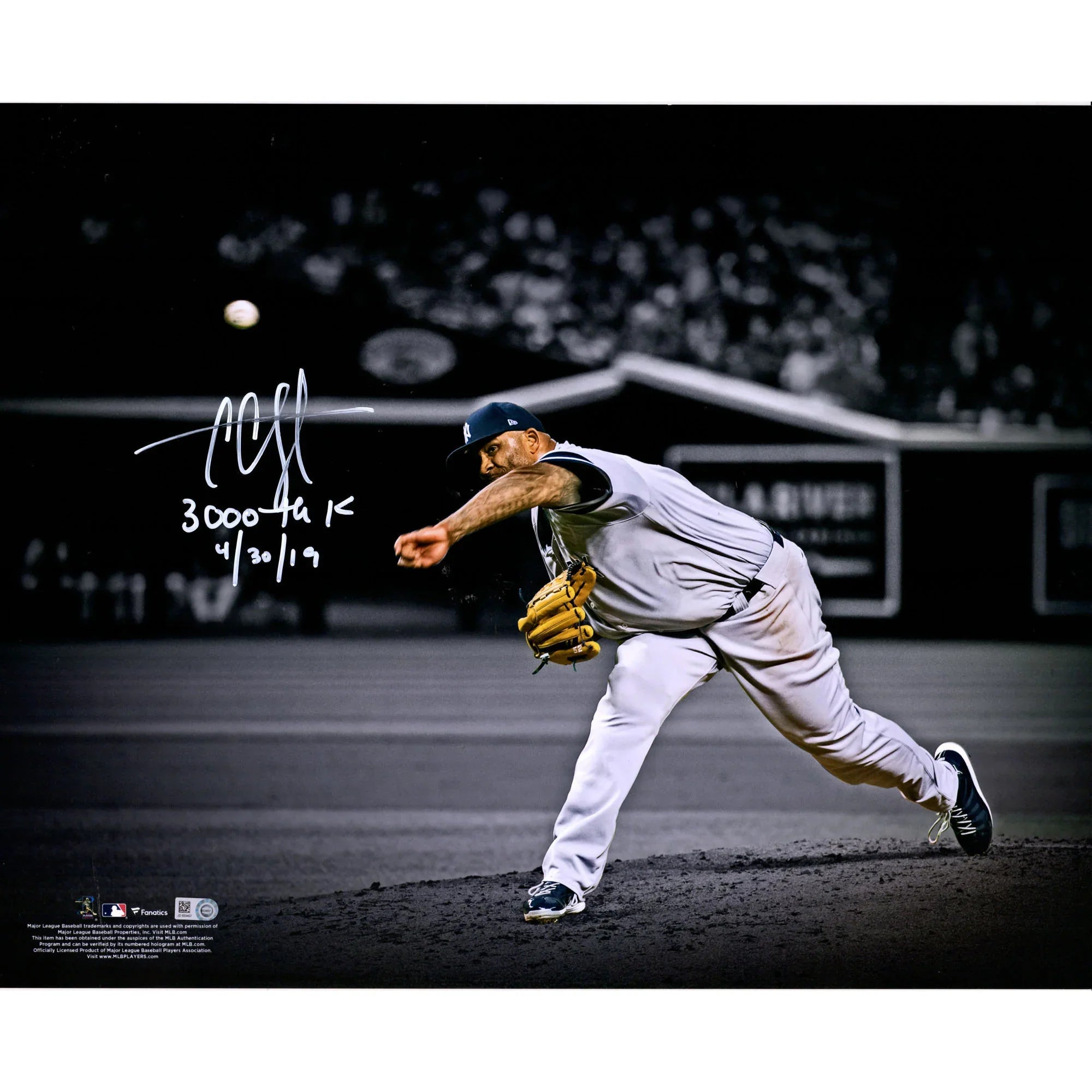 CC Sabathia Signed 16 x 20 Photograph | 3000th Strikeout Inscription
