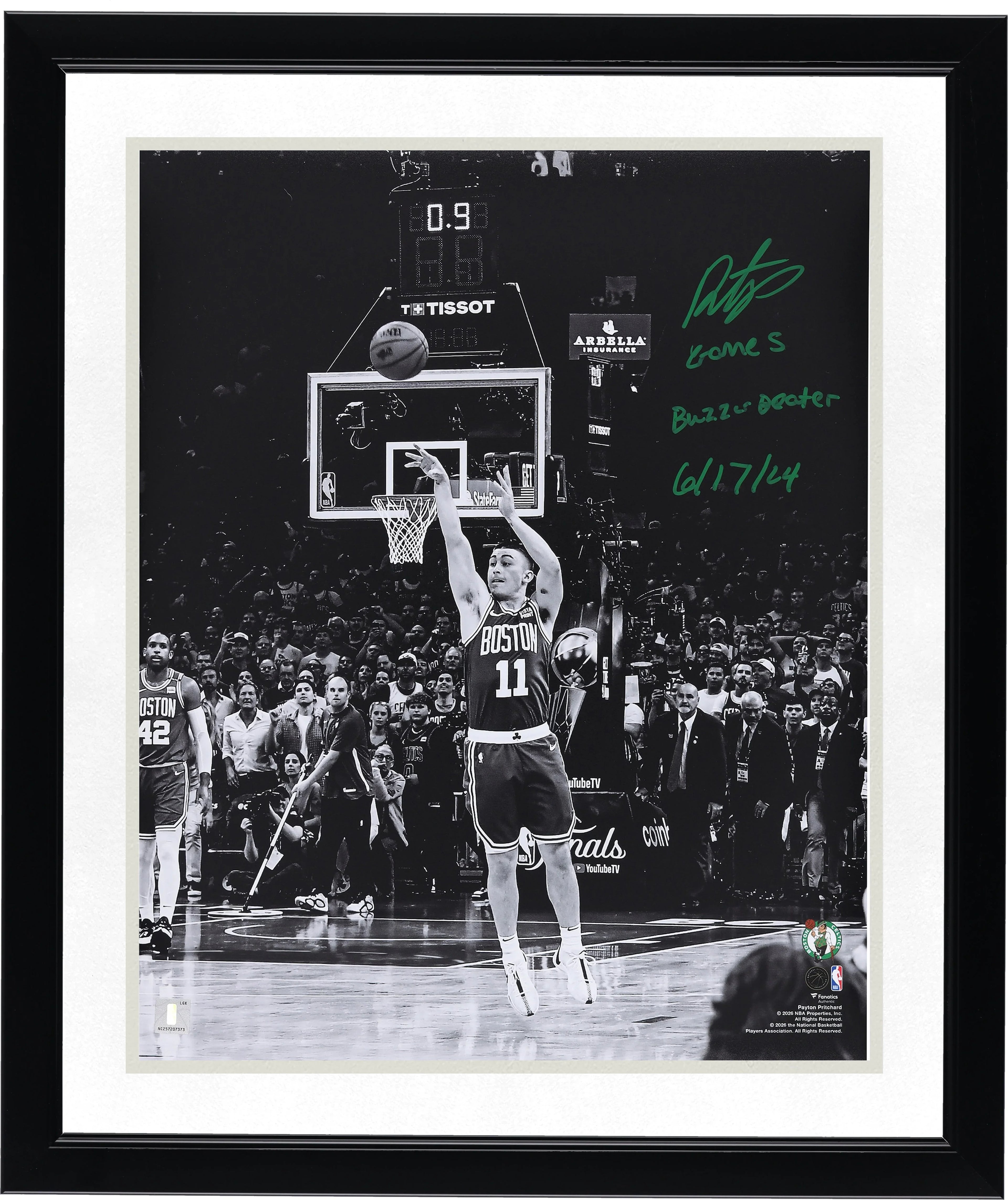 Payton Pritchard Black and White Signed 16 x 20 Photograph | Game 5 Buzzer Beater Inscription