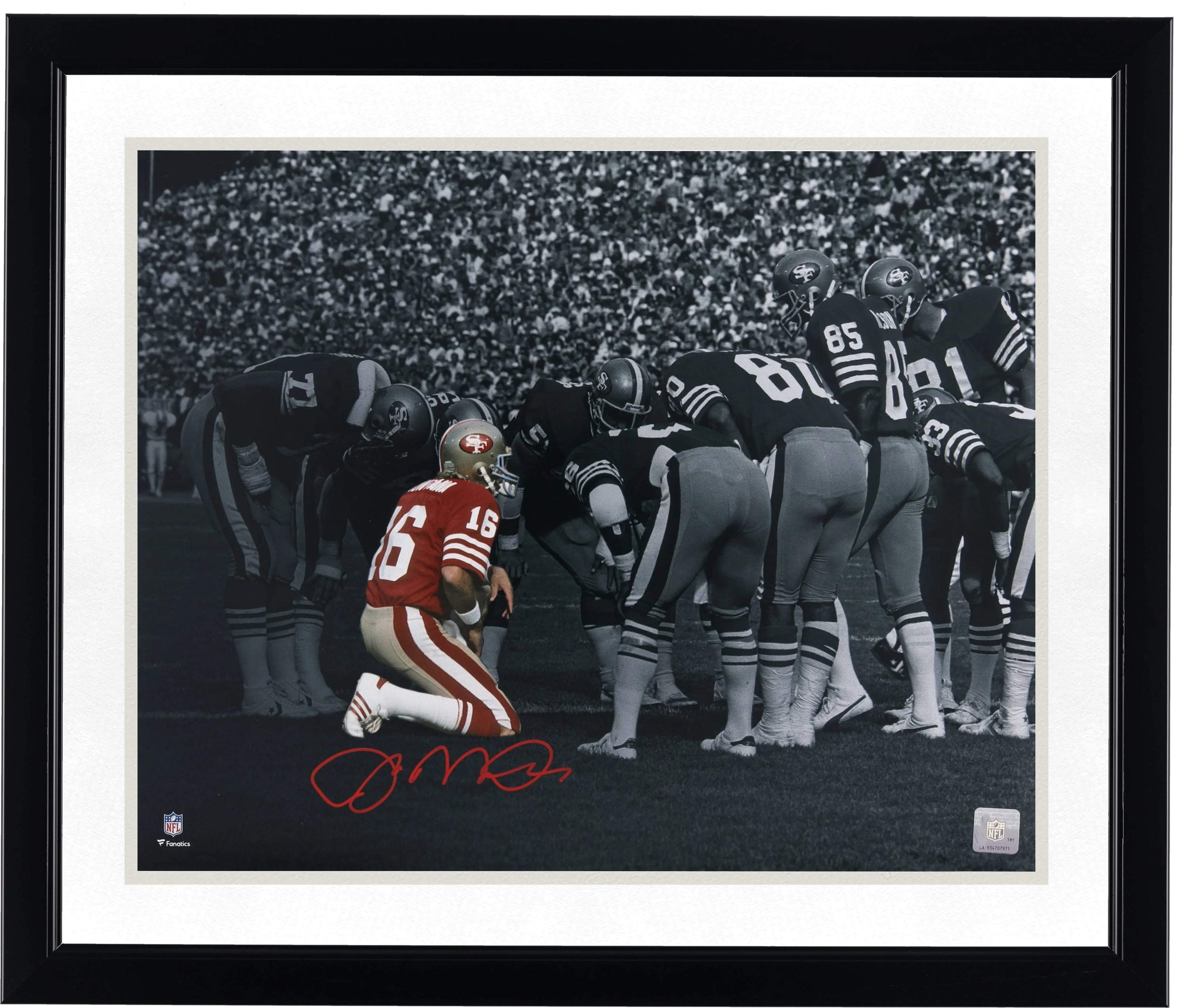 Joe Montana Signed 49ers Huddle Spotlight Photograph | 16 x 20