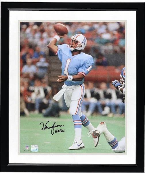 Warren Moon Signed 16 x 20 Oilers Jersey Throwing Photo | HOF 06 Inscription