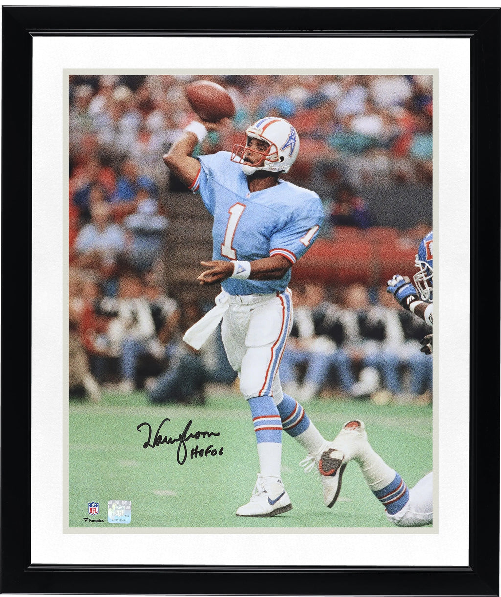 Warren Moon Signed 16 x 20 Oilers Jersey Throwing Photo | HOF 06 Inscription