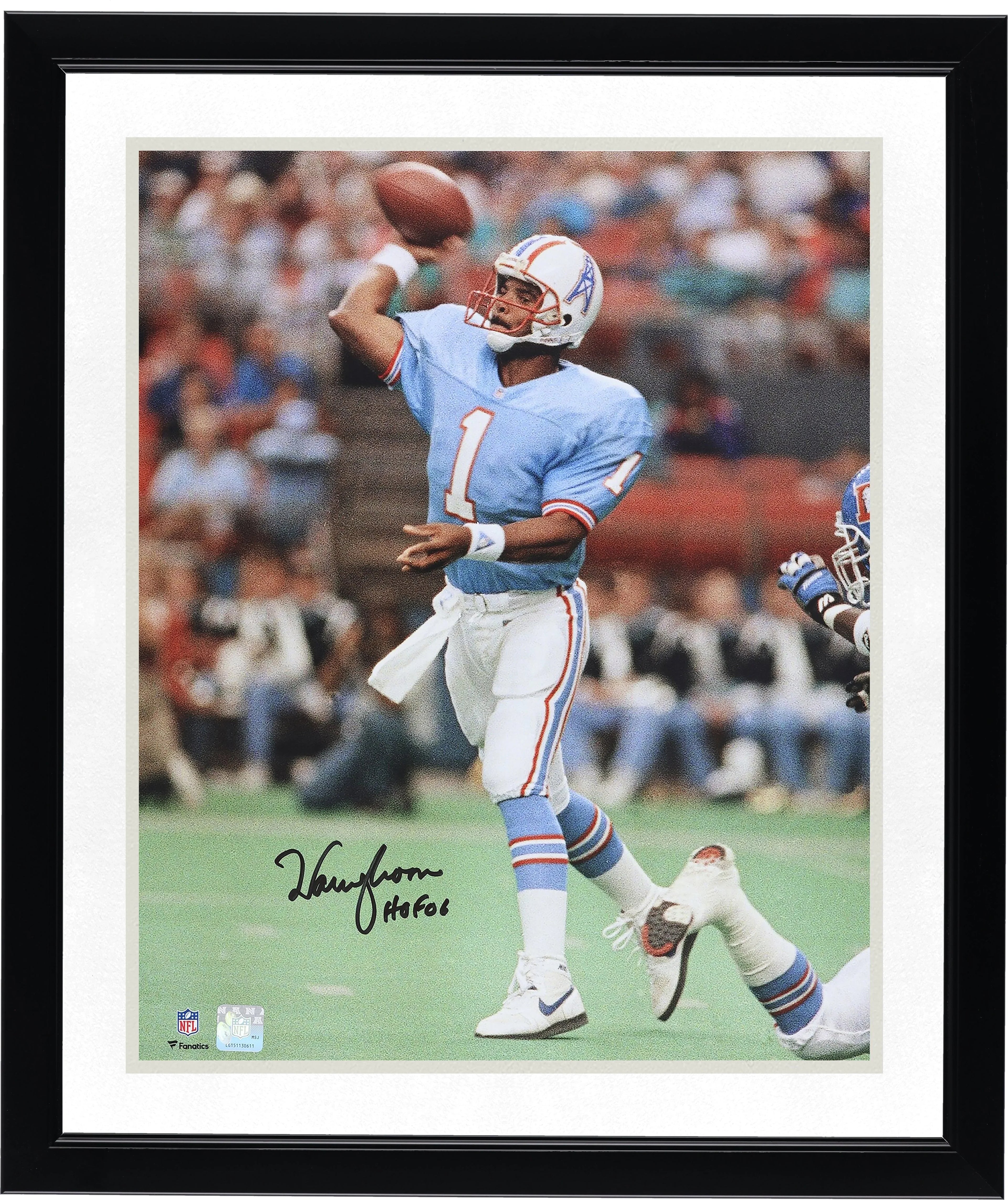 Warren Moon Signed 16 x 20 Oilers Jersey Throwing Photo | HOF 06 Inscription