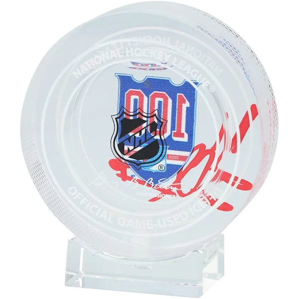 2025-26 Henrik Lundqvist Signed 100th Anniversary Crystal Puck | Rangers Home Ice