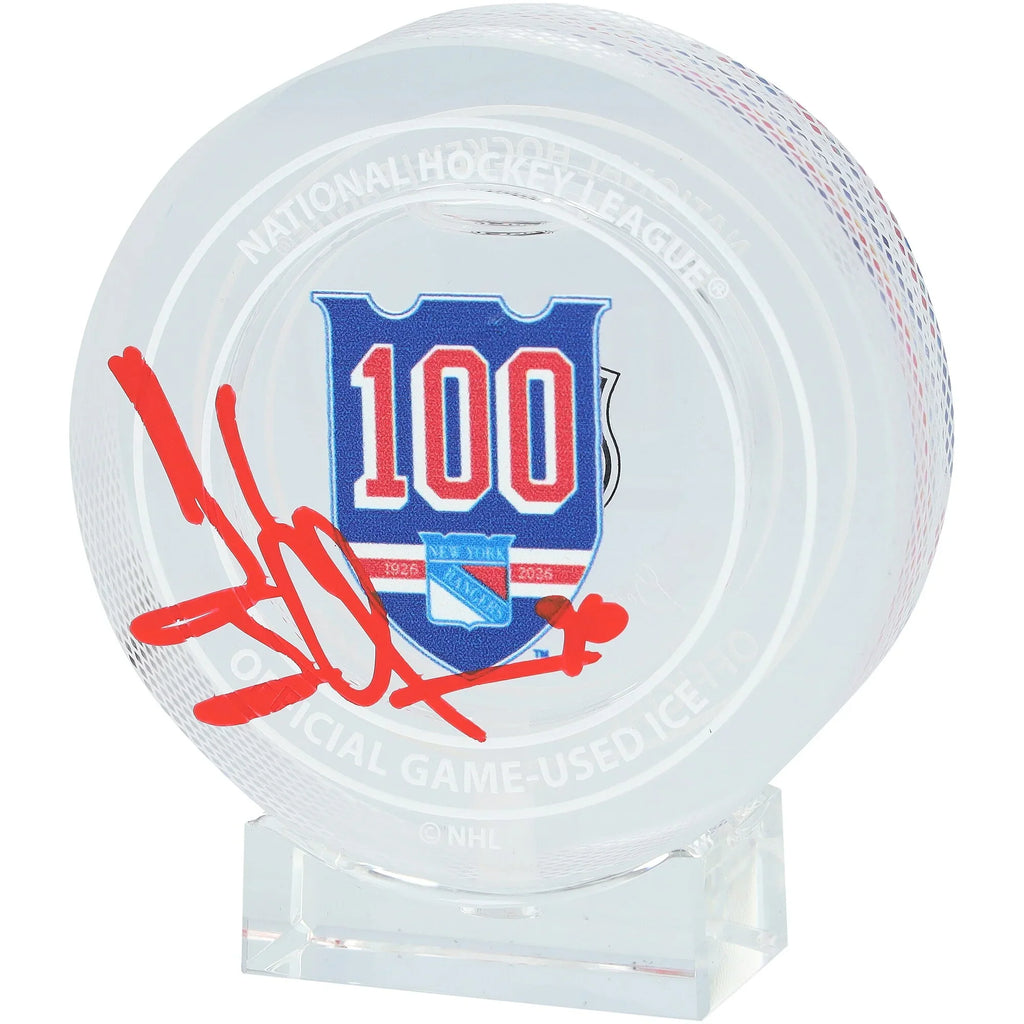 2025-26 Henrik Lundqvist Signed 100th Anniversary Crystal Puck | Rangers Home Ice