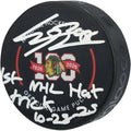 Connor Bedard Chicago Blackhawks Autographed 100th Anniversary Official Game Puck with "1st NHL Hat Trick 10-28-25" Inscription - S