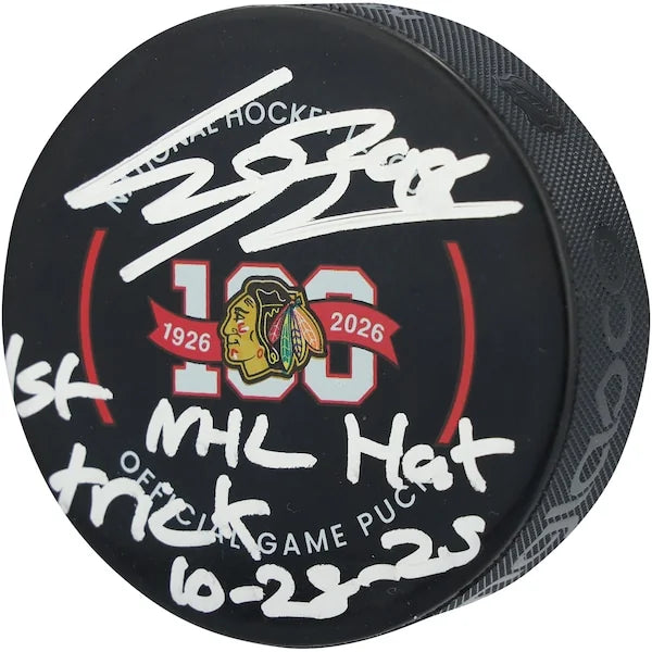 Connor Bedard Chicago Blackhawks Autographed Fanatics Authentic 100th Anniversary Official Game Puck with "1st NHL Hat Trick 10-28-25" Inscription - F