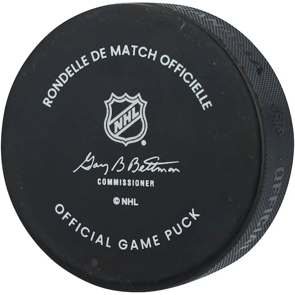 Connor Bedard Chicago Blackhawks Autographed Fanatics Authentic 100th Anniversary Official Game Puck with "1st NHL Hat Trick 10-28-25" Inscription - F